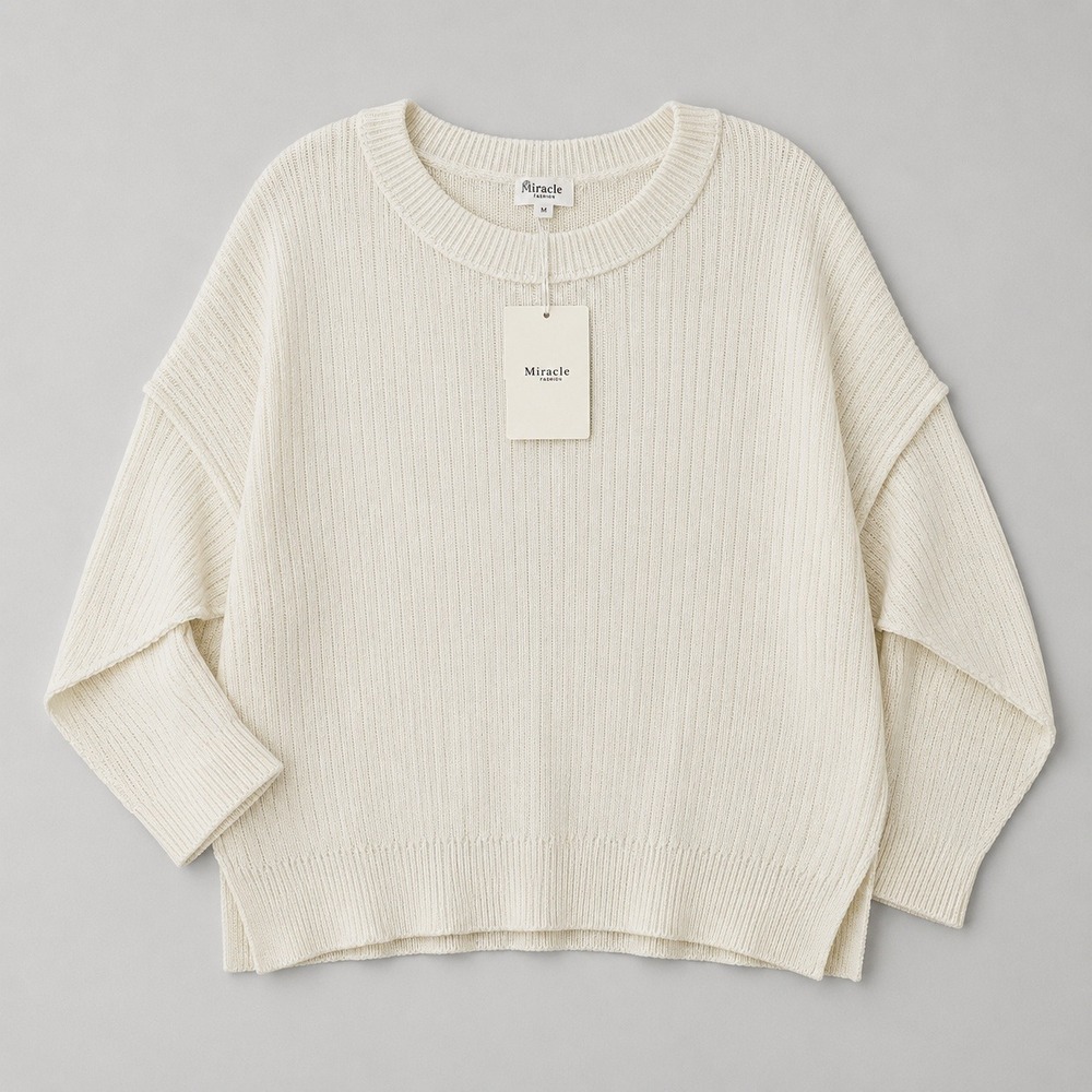 Miracle Fashion Ribbed Knit Sweater S/M Cream Cotton Slouchy Oversized Pullover